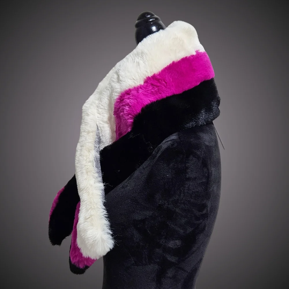 Jocelyn Scarf Black Wool Blend Striped Faux Fur Pull Through Barbiecore Cottage